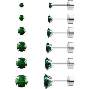 6 Pairs Hypoallergenic Cubic Zirconia Earrings Surgical Steel Flat Back